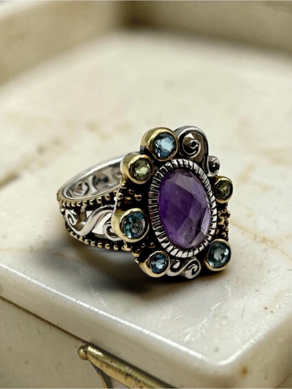 Echo of the Dreamer Zoe Amethyst & Topaz Ring Sz 9 ~925 Sterling Silver & Bronze